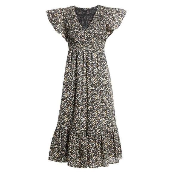 Rails Clementine Smocked Back Black and Floral Midi Dress Women's Size Medium - Picture 2 of 9